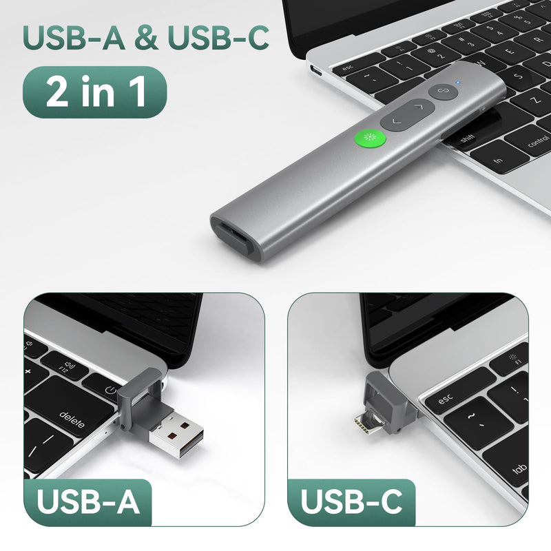Wireless Presentation Clicker PowerPoint Remote: USB C A Presenter PPT Power Point Google Slide Advancer with Green Laser Pointer Smart Board Clicker for Computer Laptop Mac Projector Office Classroom Metal Green Laser