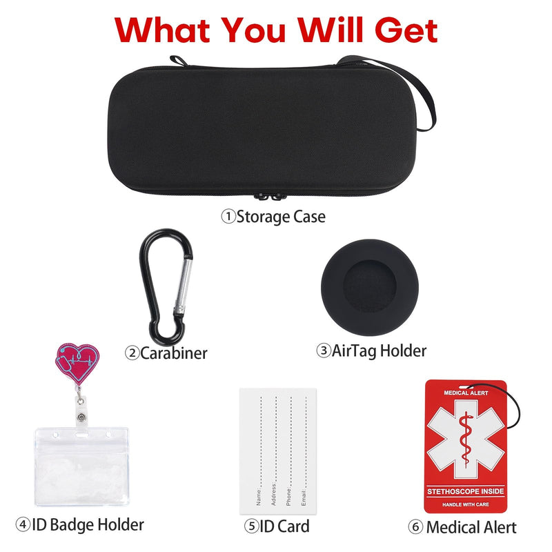 MGZNMTY 6 Pcs Stethoscope Case Kit, Perfect Nurse Gift Include Hard Stethoscope Case for 3M Littmann Classic III, AirTag Holder, Medical Alert Label, ID Card, Nurse Badge Clip, Carabiner (Black) Black