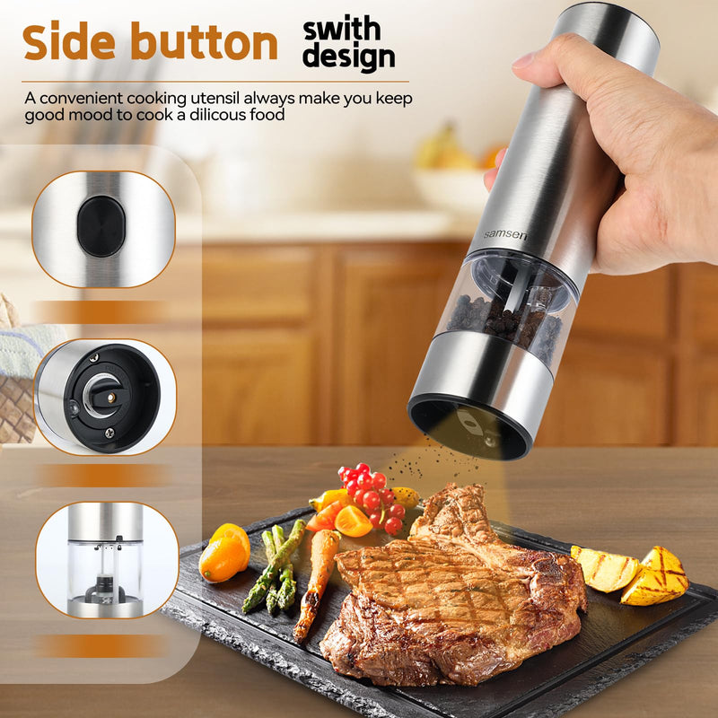 Stainless Steel Electric Pepper Grinder & Salt Mill Set - Battery Operated One-Hand Operation Adjustable Coarseness LED Light Transparent Container Easy Refill & Clean Push-Button Switch (2 Pack) Silver + two grinders