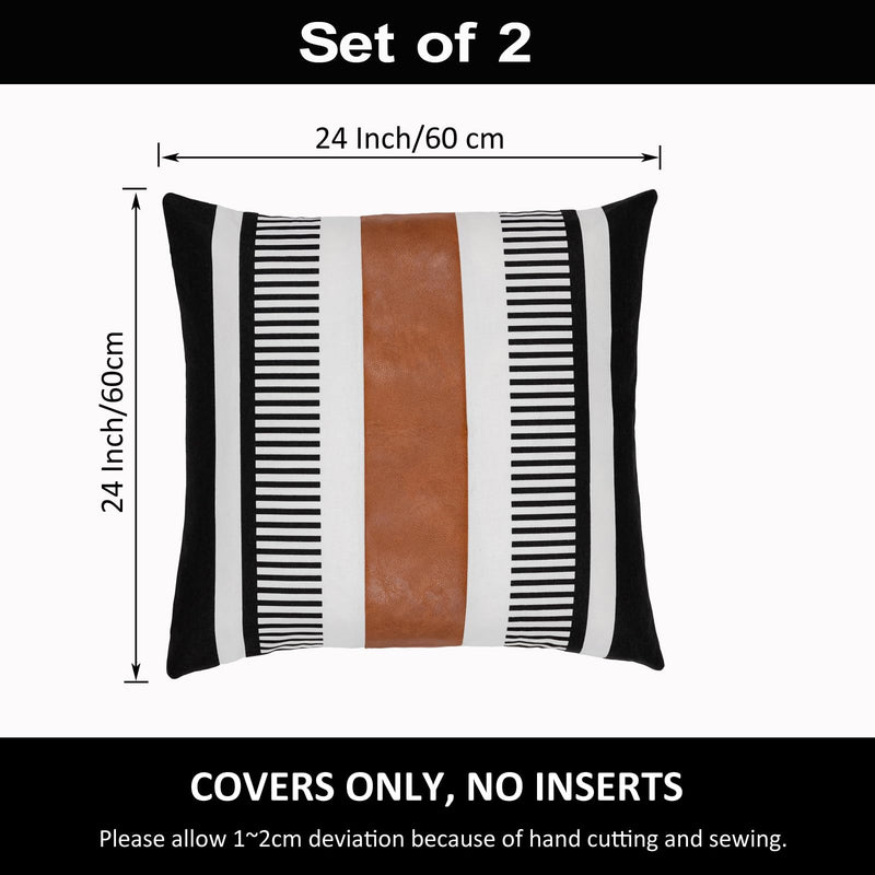 Set of 2 Boho Decor Faux Leather and Cotton Throw Pillow Covers 24x24 Rustic Canvas Cushion Cover Black White Farmhouse Stripe Pillow Case for Sofa Couch Chair Bedroom 24" x 24" (Pack of 2)
