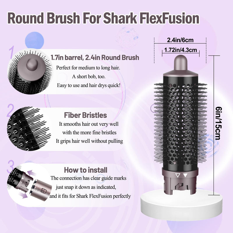 Round Volumizing Brush Attachment for Shark FlexFusion | For Shark Glam Accessories, for Fast Dry Smooth Styling Adds Volume Curls（1.72in Barrel, 2.4in with Bristles）