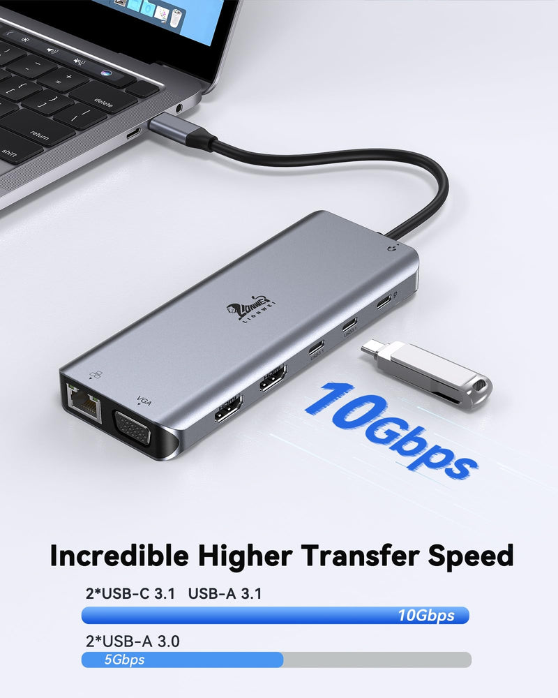 USB C Docking Station Dual Monitor for Laptop, LIONWEI 14-in-1 USB-C Hub with Triple Display, 2 HDMI + VGA, Ethernet, 6 USB A/C 3.0/2.0, PD, SD/TF, Audio, USBC Dock for Surface/HP/Dell/Lenovo/MacBook 14 in 1 VGA