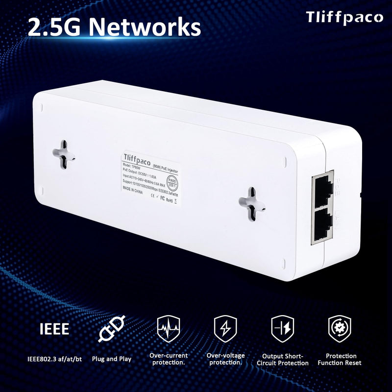 PoE++ Injector 2.5Gb 90W 55V, Transmit Network Data and Supply Power, 802.3af/at/bt Compliant, Plug & Play, Up to 100m(328 ft), Suitable for PTZ HD IP Cameras with Heaters/POS Machine/AP