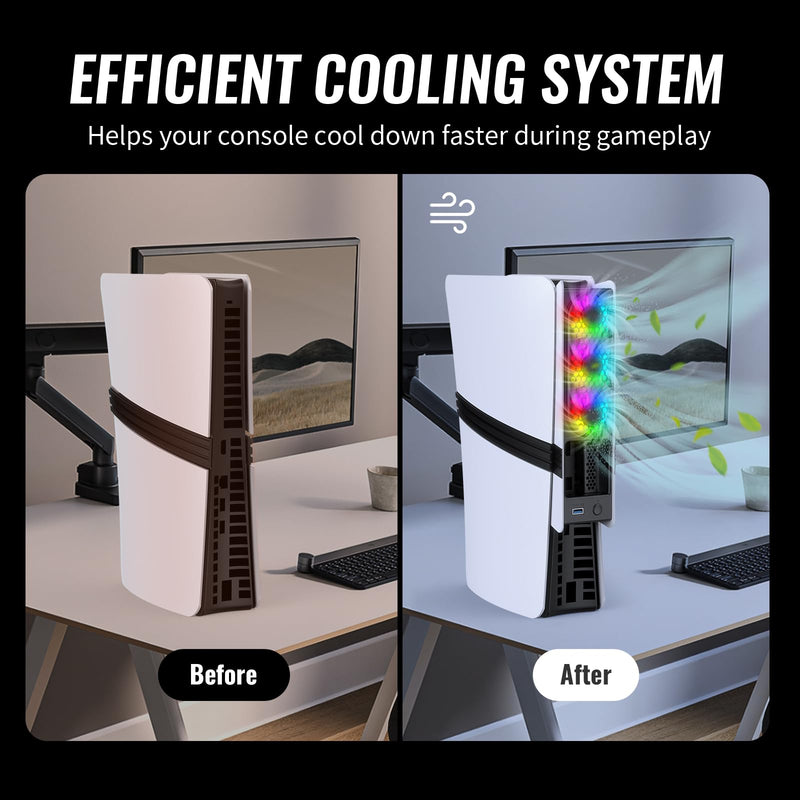 RGB Cooling Fan for PS5 Pro/PS5 Slim – Auto Temperature Control, 5 Lighting Modes, USB 3.0 Port,Compatible with Disc & Digital Edition (Black&White) Black