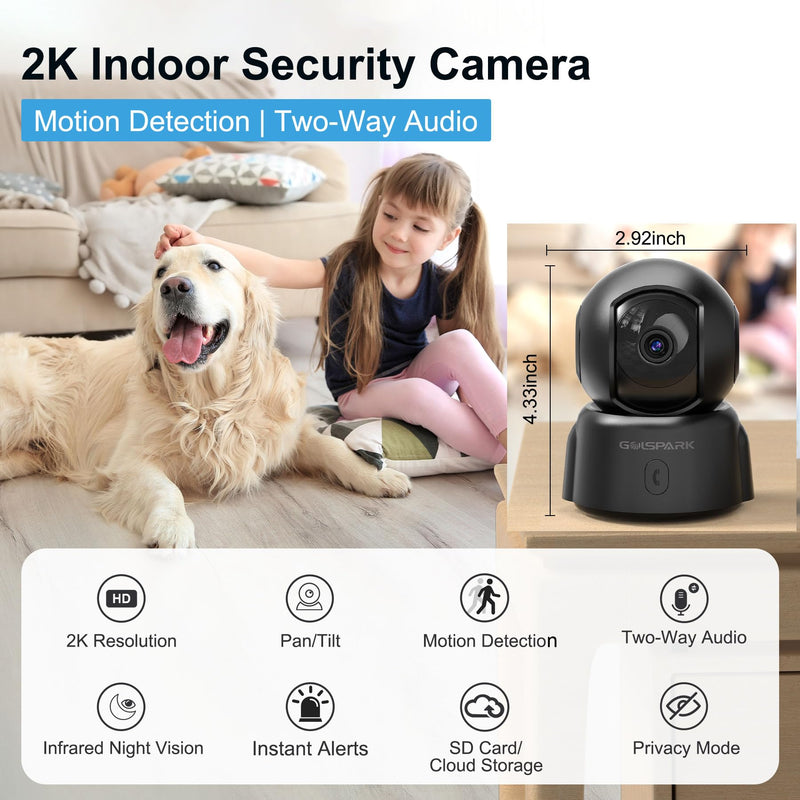 GOLSPARK Dog Pet Camera for Home Security 2K,2.4GHz WiFi Camera Baby Monitor for Room with Motion Tracking Detection Night Vision,Two-Way Audio SD/Cloud Storage Black-2Pack
