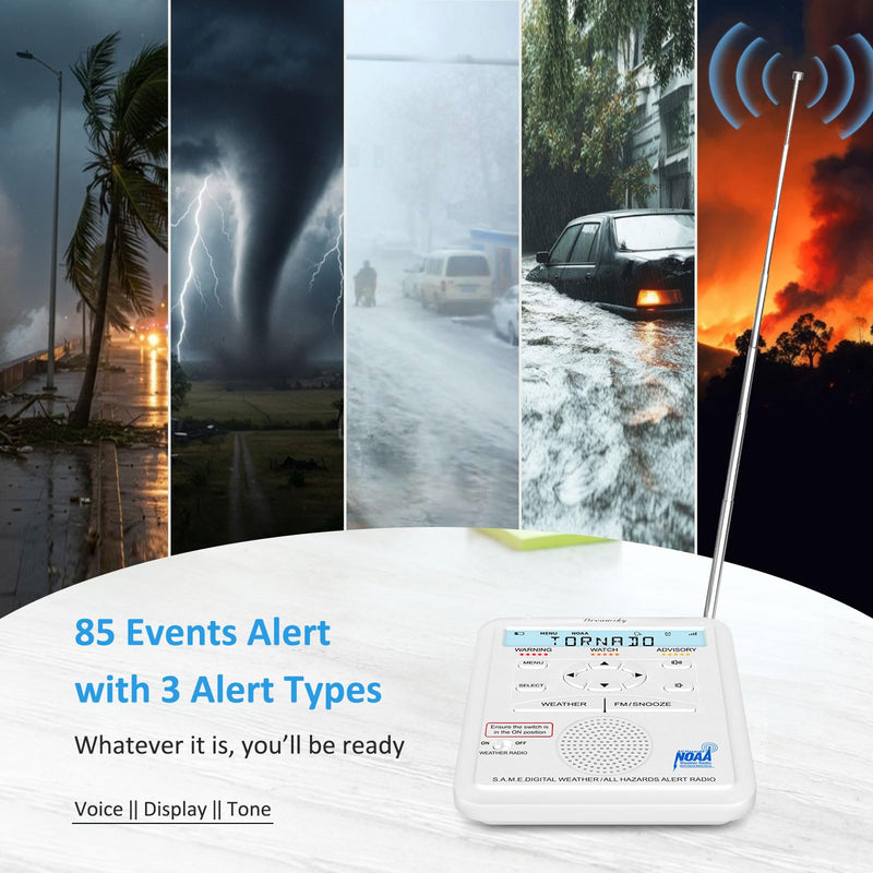 DreamSky Weather Radio NOAA Alert with Battery Backup & FM Radio for Home | S.A.M.E. Localized County Code Programming, 80+ All Hazards Emergency Alerts, 3 Alert Tones, Plug in Radios & Alarm Clock White