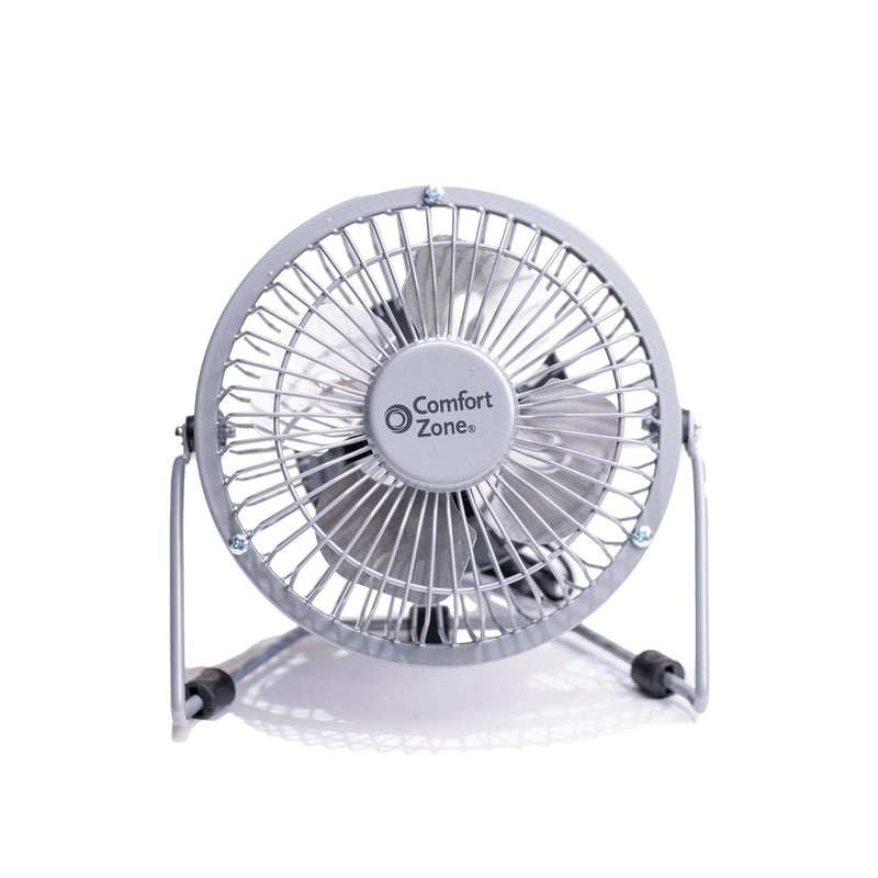  [AUSTRALIA] - Comfort Zone Mini Portable Desk Fan with 360-Degree Adjustable Tilt, Dual Powered (USB or Power Cord), 4 inch, All-Metal Construction, Airflow 3.31 ft/sec, Ideal for Home, Bedroom & Office, CZHV4S Silver