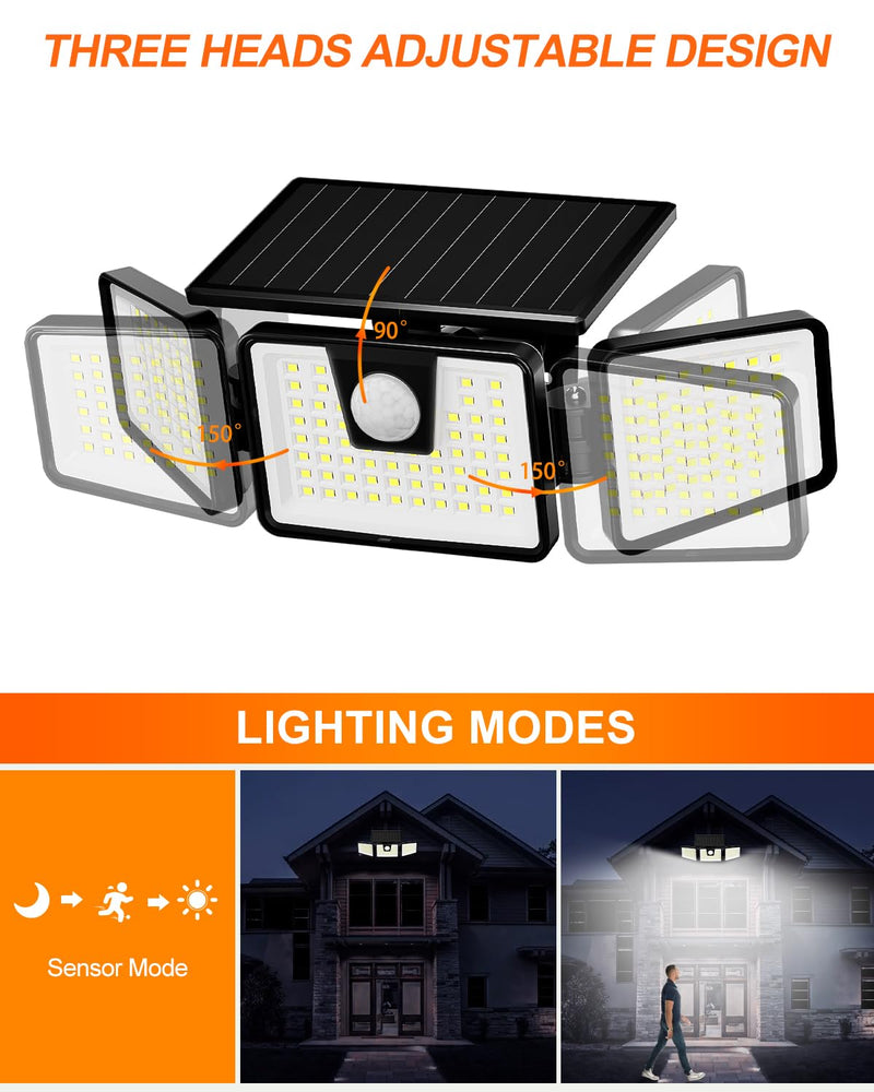 INCX Solar Motion Sensor Lights Outdoor, 3 Heads Security Lights Solar Powered, 156 LED Flood Light Motion Detected Spotlight for Patio Yard Garage Entryways, IP65 Waterproof 1 Pack Black 1 Pc