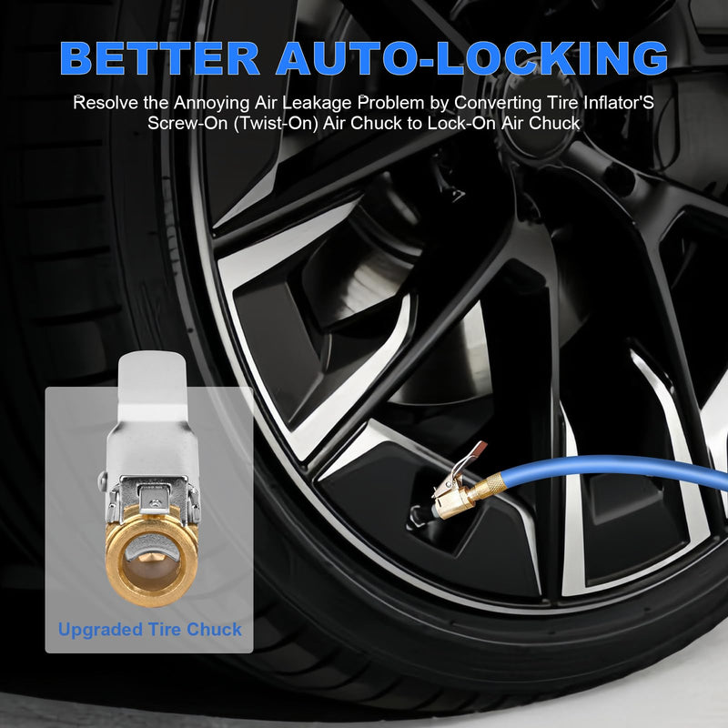 2pcs Locking Tire Air Chuck,Brass Tire Inflation Hose Adapter,Tire Nozzle With Tire Valve Threads,Unscrewed Connection Converted To Locking Connection,No Air Leakage On Chuck Air Compressor Pump Clip