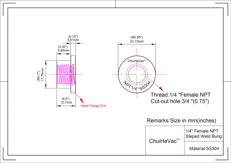 1/4" NPT Stainless Steel 304 Female Threaded Stepped Weld Bung with Top Head 1/4" NPT