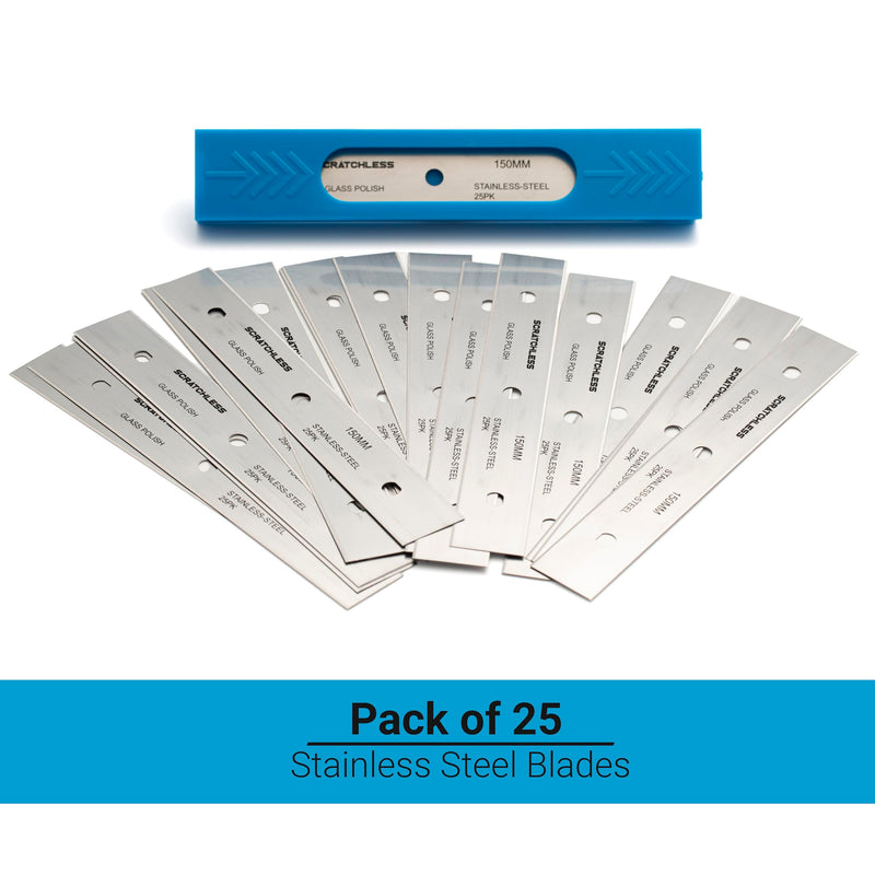 GLASS POLISH 6" (150mm) Pack of 25 Double-Edged Stainless Steel Blades, 0.20mm Laser Sharp Replacement Blades for SCRATCHLESS Scraper or Compatible Models - GP15043