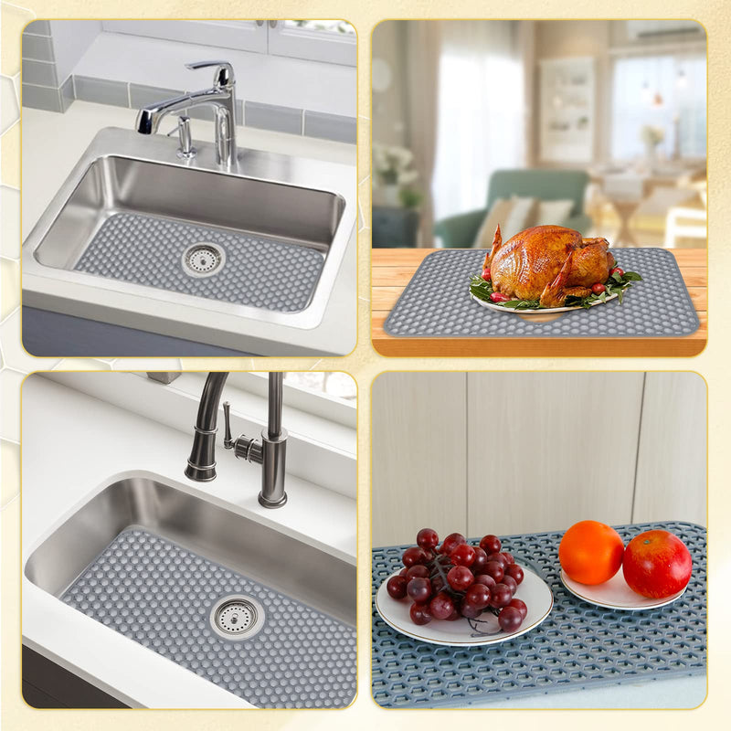 Bestjing Silicone Sink Protectors for Kitchen Sink with Rear Drain - 26"x 14" Kitchen Protector Accessory, Non-Slip Heat Resistant Grid Mat for Bottom of Farmhous Peorcelain Stainless Steel(Rear Hole) 26" x 14" Rear Drain Gray(1 Pack)