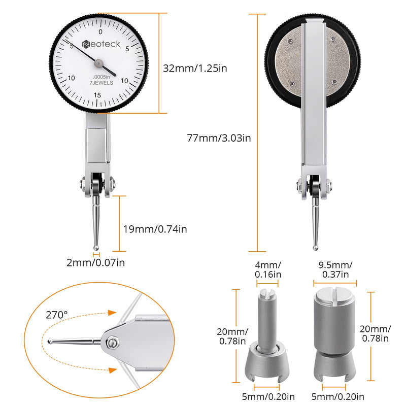 Neoteck Dial Test Indicator with Storage Case, 0-0.03"/0.0005" Test Indicator with 2 Steel Dovetail Clamps 3/8'' and 5/32'' for Machine Set-Up, Narrow Area Measurement -Silver Silver