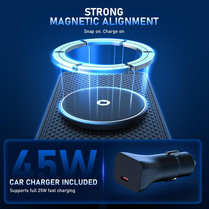 25W Magnetic Wireless Car Charger Pad, REESTECQI for MagSafe Car Charger with 45W USB-C Car Charger, Anti-Slip Wireless Charging Pad for Car Compatible with iPhone 17 16 15 14 13 12 (30CM Cable) 30CM Cable