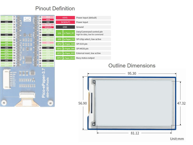 waveshare 3.7inch E-Paper E-Ink Display Module for Raspberry Pi Pico 480×280 Pixels Black/White SPI Interface Support Partial Refresh