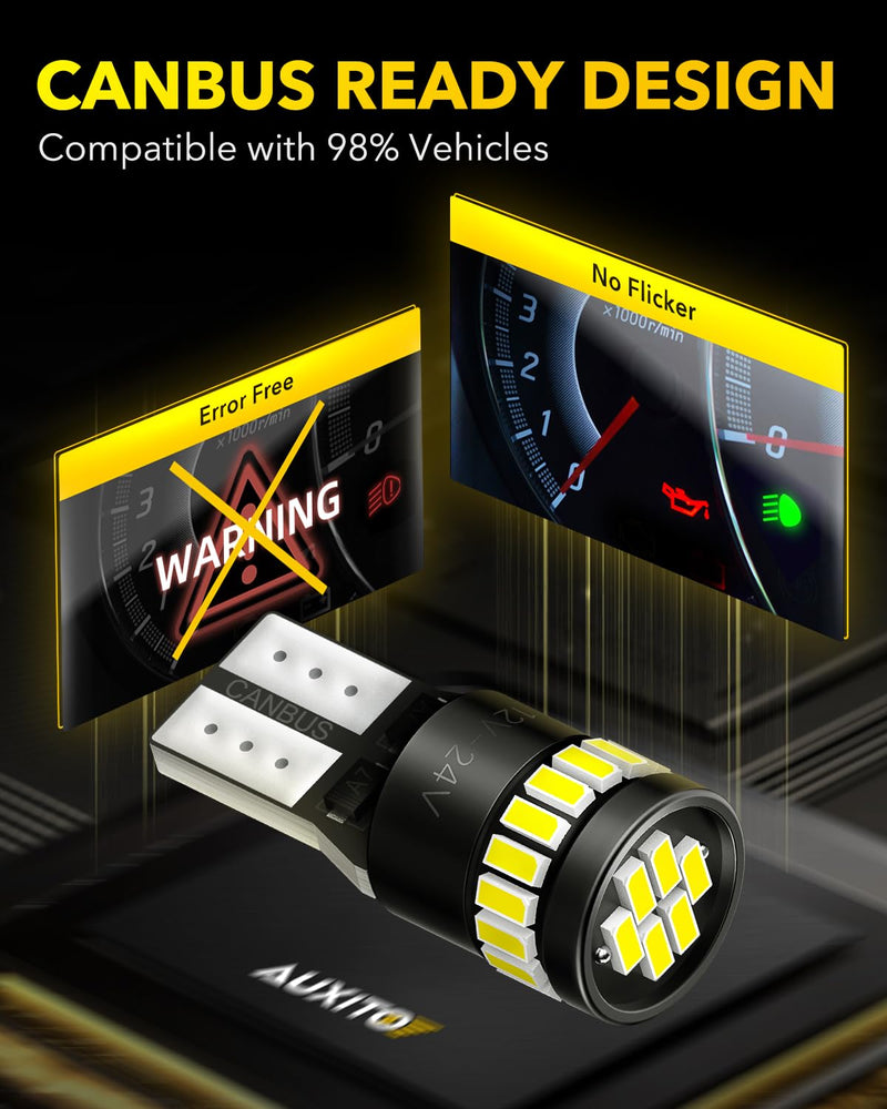 AUXITO 194 LED Light Bulb 6000K White 168 2825 W5W T10 Wedge 24-SMD 3014 Chipsets LED Replacement Light Kit Error Free for Car Interior Dome Map Door License Courtesy Dash Lights, Pack of 10 Xenon White