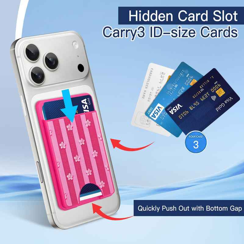 Stronger Magnetic Card Wallet for iPhone 17/16/15/14/13/12 Series | (Not for 13/12 Mini), Stripes Flower Pattern Hard Card Slot Holder Fit 3 Cards Compatible with Magsafe Accessories, Hot Pink Hot Pink (Stripes Flower)