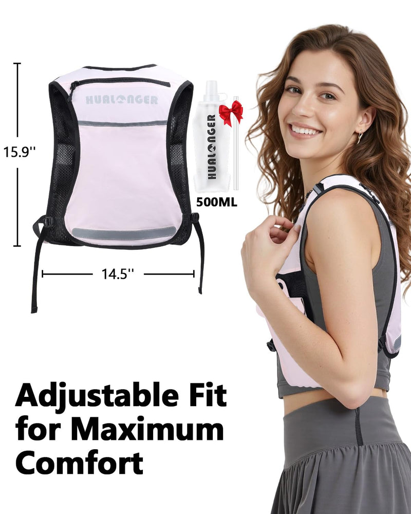 Running Hydration Vest for Women Men,Lightweight Breathable Hydration Pack with 500ml Soft Flask, Adjustable Chest Straps Reflective Backpack for Trail Running Marathon Race Jogging Cycling Pink