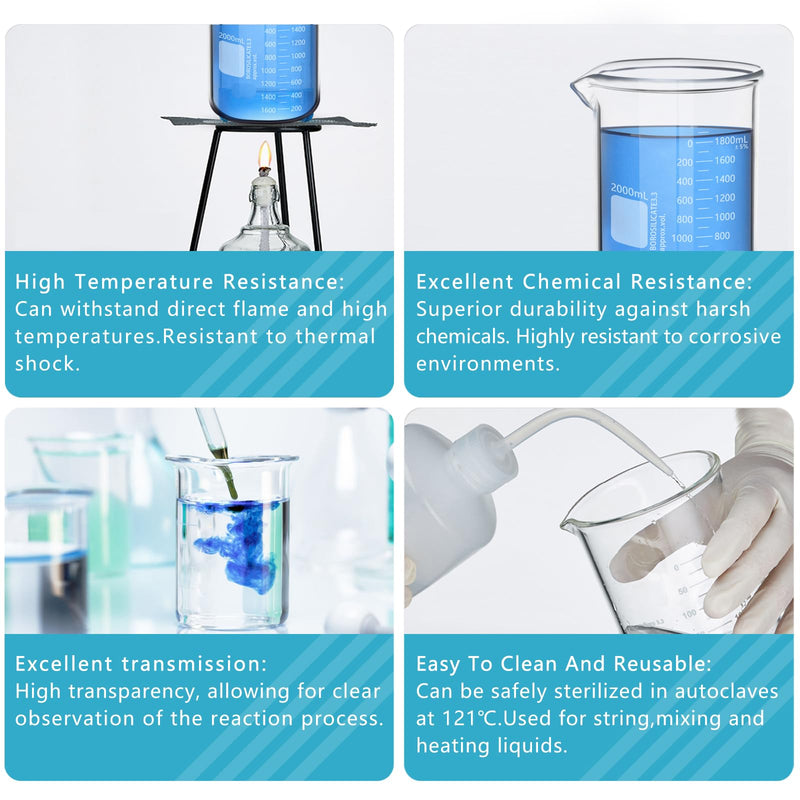 Heavy Duty 2000ML Glass Beaker, White Double Scale Graduation, Borosilicate 3.3 Glass, Low Form Griffin Lab Measuring Beaker, 1 Each (2000ML)