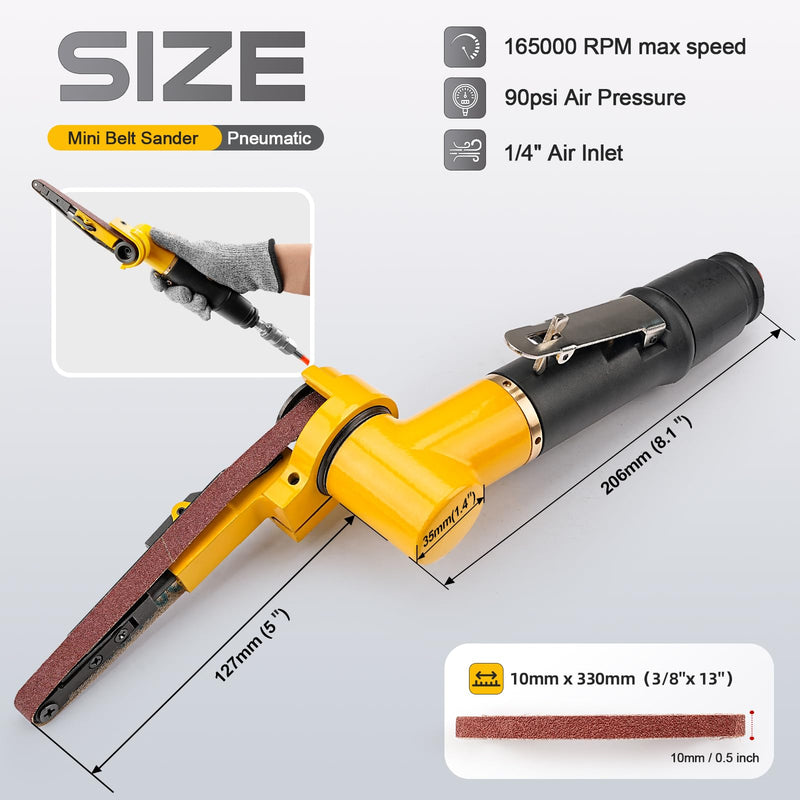 3/8" Pneumatic Belt Sander Set - 14pcs Belts, Grit 60/80/120, Mini Air Belt Grinder for Aluminium, Iron, Steel Metal Polishing