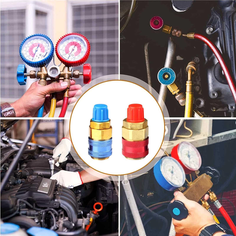 R134a Quick Coupler Adapter Set, for HVAC Auto Car Air Conditioning with Manifold Hose Gauge, Red and Blue, 1/4 BSP, High Low Side Port