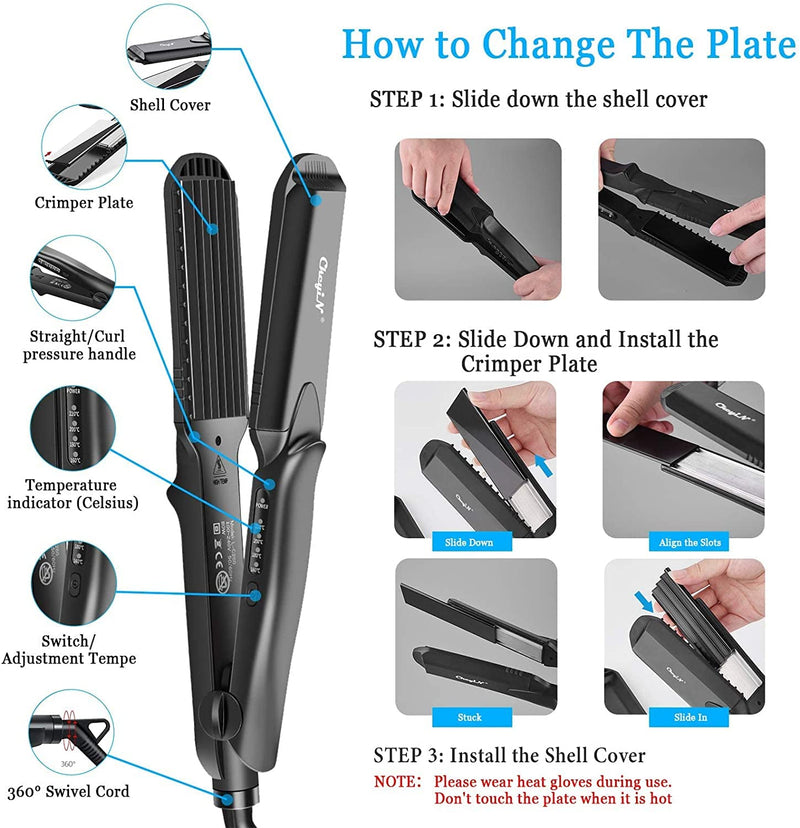  [AUSTRALIA] - Hair Crimper, CkeyiN Professional Crimping Iron and Straighter with Heat Resistant Glove Adjustable Temperature Dual Voltage 4 Interchangeable Ceramic Plates (Black) Black