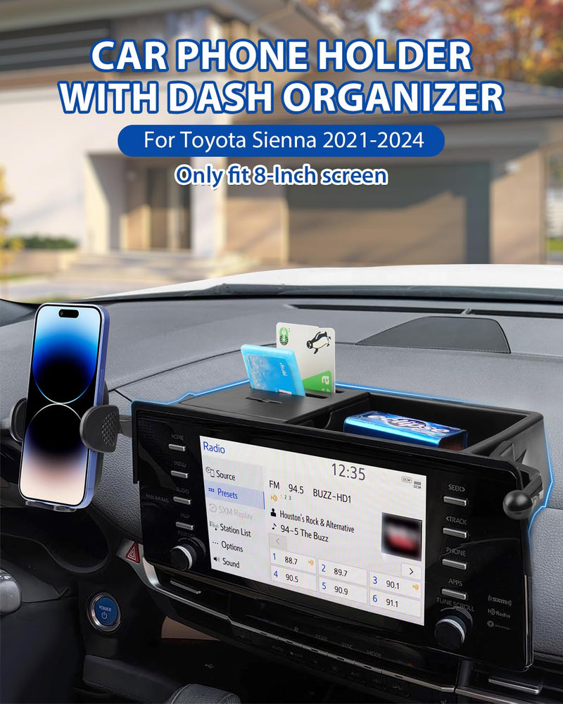 Autorder Car Phone Holder for 2021-2024 Toyota Sienna Accessories Center Console Dash Organizer with Dedicated Card Coin Storage Box 360°Rotation Phone Mount Hands-Free (Only for 8'' Screen)
