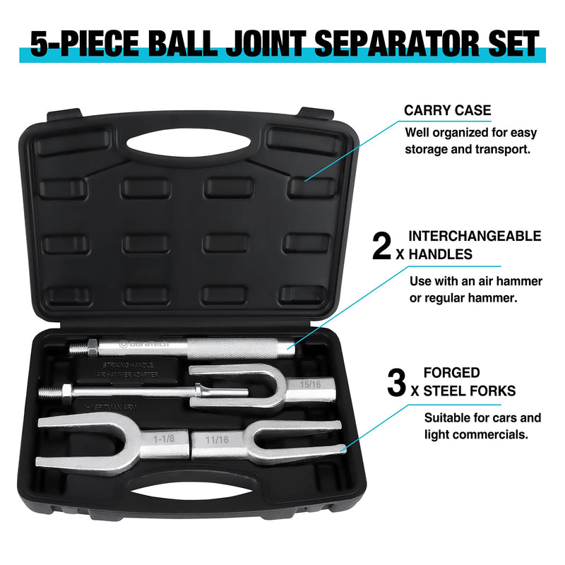 DURATECH 5-Piece Ball Joint Separator Set, Pickle Fork Tool Set, Tie Rod Removal Tool Set, 1-1/8", 15/16", 11/16", for Cars and Light Vans, with Suitcase