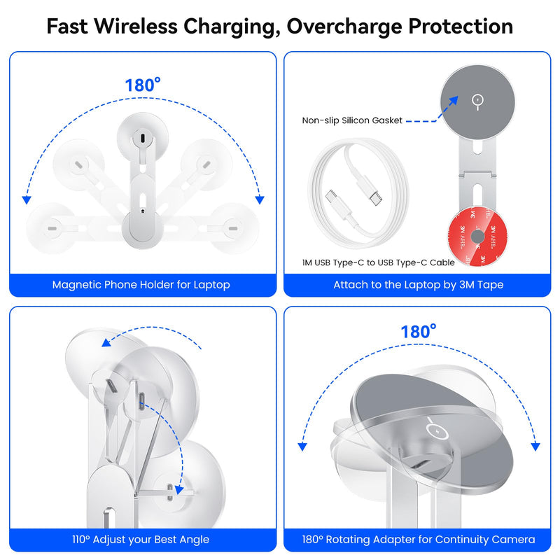  [AUSTRALIA] - Laptop Phone Holder, Magnetic Phone Stand 15W Fast Wireless Charger for MagSafe for iPhone 17/16/15/14/13/12 & All Phones for Tesla (Silver) Silver