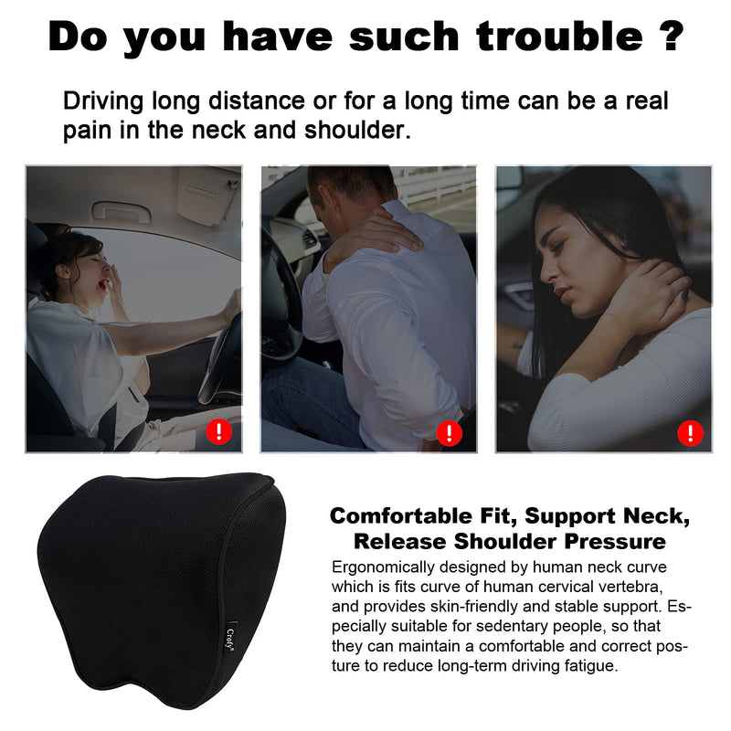 Crofy 2 Pack Car Neck Pillow, Softness Car Headrest Pillow for Driving with Adjustable Strap, 100% Memory Foam and Breathable Removable Cover, Comfortable Ergonomic Design (Black Side Rope) Black Side Rope