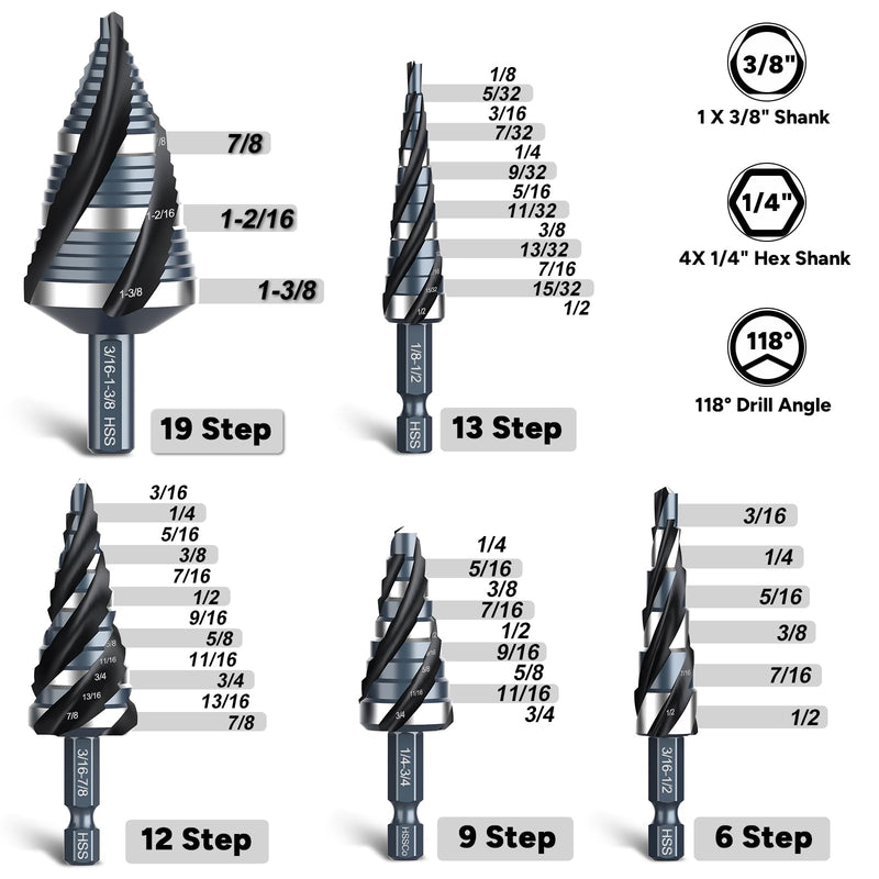 Four Spiral Flute Step Drill Bit Set, 1/8"-1-3/8" (59 Sizes), 5PCS High-Speed Steel Unibit Step Bits with 1/4" and 3/8" Hex Shank for Stainless Steel,Metal,Aluminum,Wood,Plastic HSS 5 Piece(Black)
