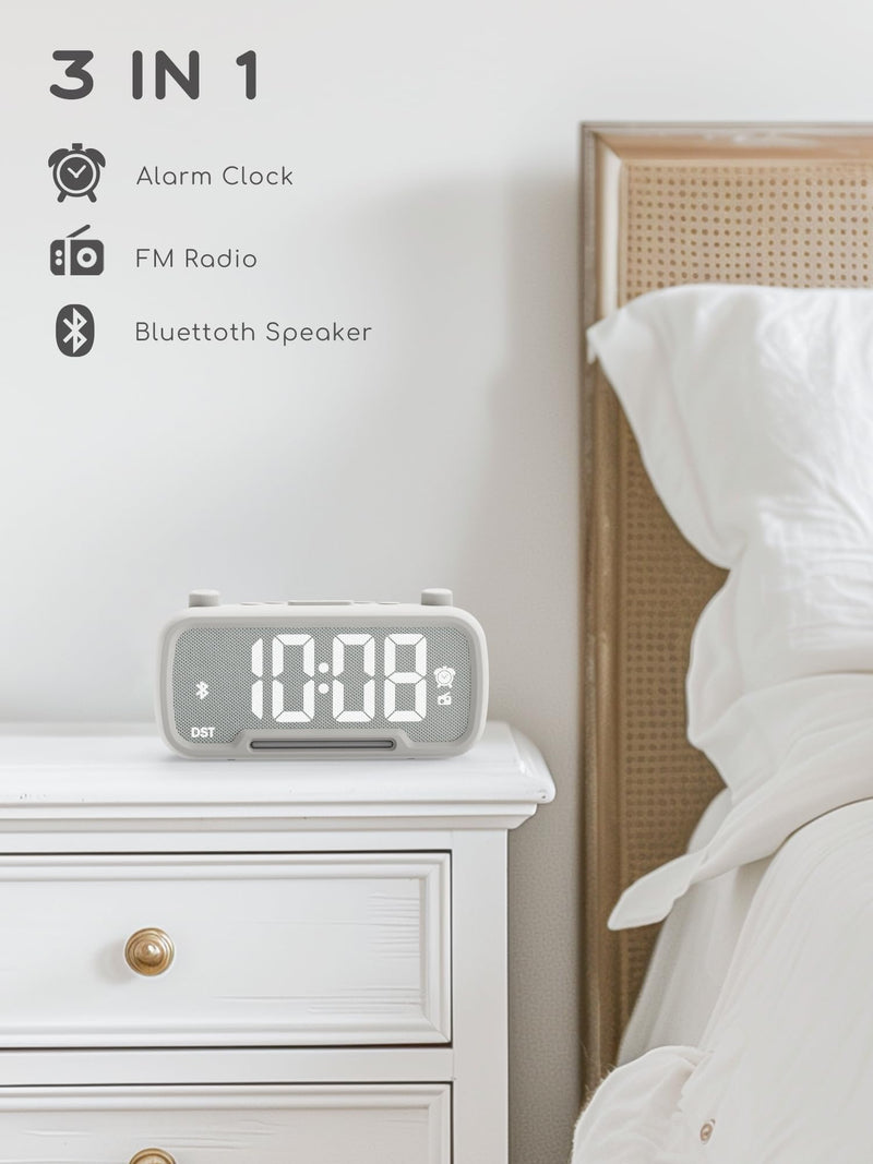 ROCAM Clock Radio, FM Radio Alarm Clock for Bedroom Modern Design, Auto Scan 20 Presets Auto-Off Sleep Timer, Bluetooth Speaker, Night Light, USB Ports, Brightness Dimmer White