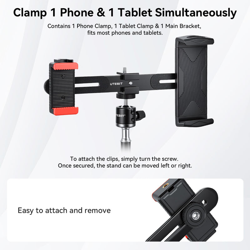 UTEBIT Dual Holder Smartphone and Tablet Tripod Mount Adapter 360° Rotating Ball Head Adjustable Clip Stand Double Phone and Tablet Stand with 1/4'' Screws for Vlogging Video Recording Live Streaming