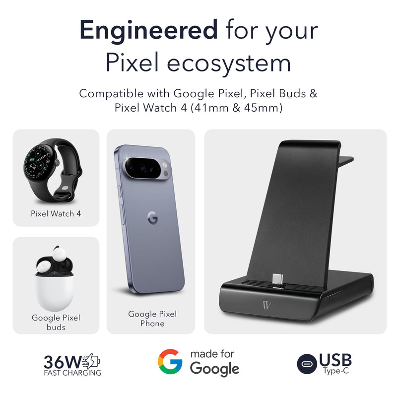 Wasserstein 3-in-1 Wired Charging Station Compatible with Google Pixel, Buds & Watch 4 (41mm & 45mm) - NOT Compatible with Pixel Watch 1, 2 & 3 - Adjustable USB-C Plug - Made for Google