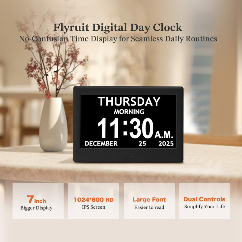 7'' Dementia Clock For Seniors, Large Display Digital Clock With Date, Time, Day Of Week for Elderly, Memory Loss, Alzheimer, 1024*600P HD, 10 Reminders & 6 Alarms, Auto Dimming & DST, Remote Control 7" Black