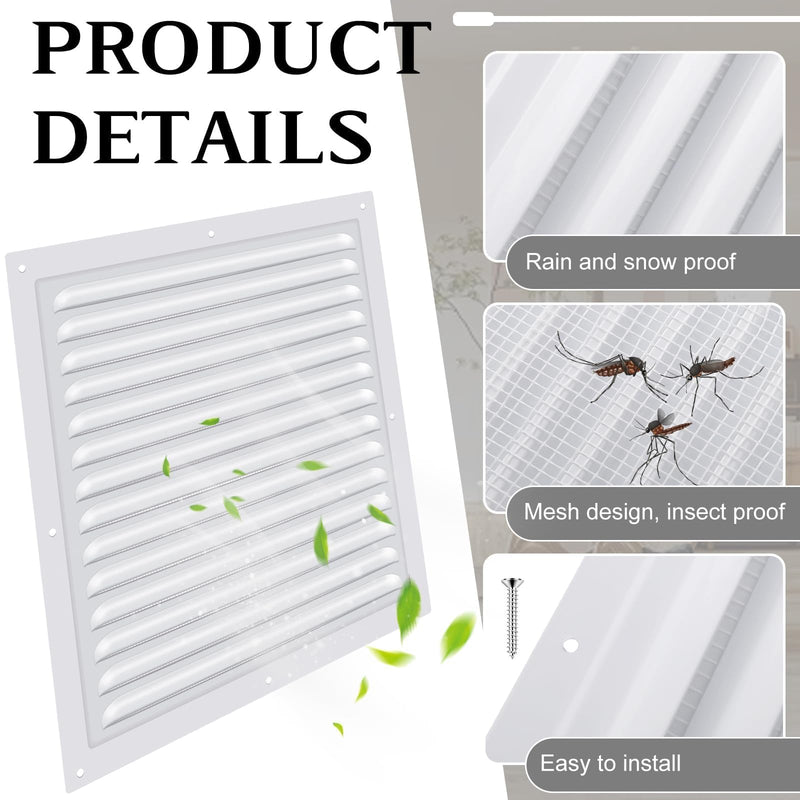 2 Pcs 12" x 12" Gable Vent Shed Attic Vent with Screen Mesh Square Metal Vent Covers Vent Grille for Exterior Door House Attic Garage Ceiling, Boost Ventilation and Guard Against Moisture (White) White