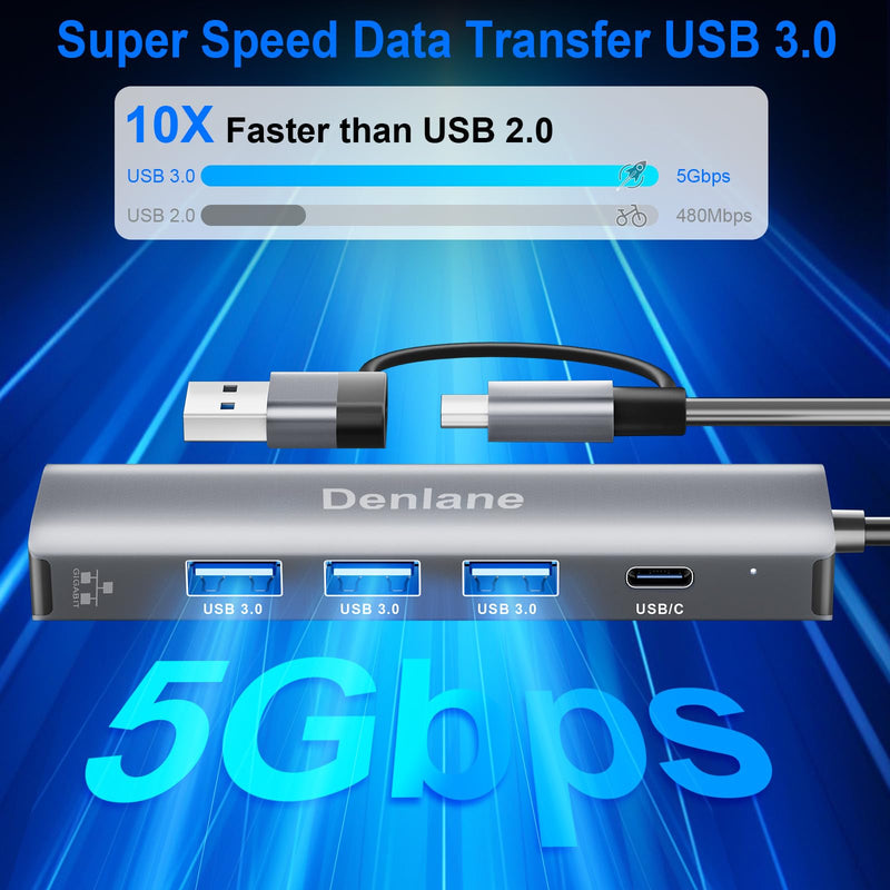 USB C USB 3.0 to Ethernet Adapter, 5 in 2 Gigabit USB Ethernet Hub for Laptop with 4-Port USB-A 3.0 and USBC, 1000Mbps RJ45 LAN Network Adapter Compatible with MacBook/iPad Pro/Phone/Tablet