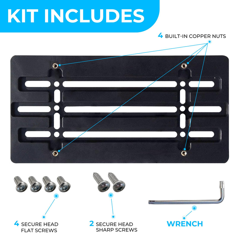 Front Bumper License Plate Bracket for Nissan 2000-2025, Plate Holder Set w 6 Unique Screw Bolts & Wrench Kit, License Tag Mounting Kit, Quality Plate Holders, Premium Car & Truck Accessories