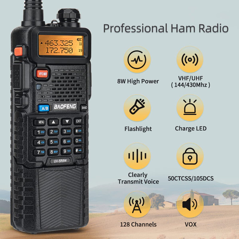 Baofeng UV-5R 8W Ham Radio Long Range Handheld VHF UHF High Power Two Way Radio Dual Band 3800mAh Li-ion Battery Walkie Talkie with Programming Cable Full Set