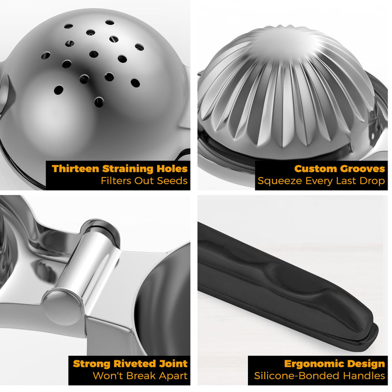 Stainless Steel Lemon Squeezer - Metal Citrus Juicer - Lime Lemon and Fruit Juicer with Silicone Handles - Large Manual Citrus Press Juicer - Hand Held Squeezer - Ergonomic Design with Solid Black