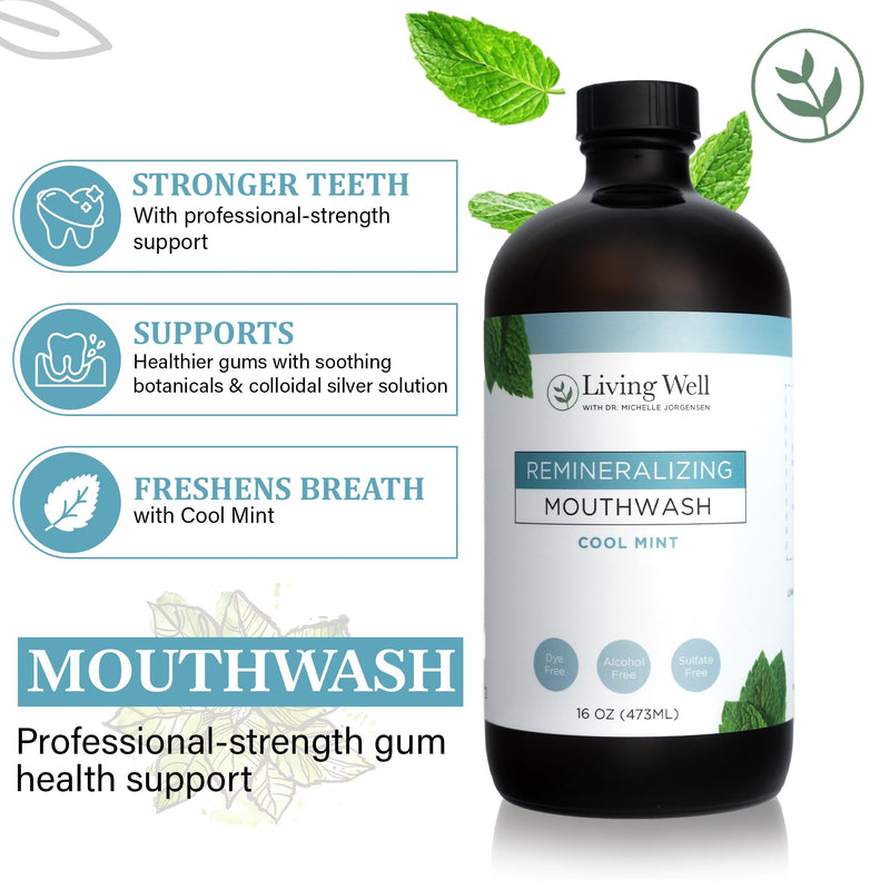 Living Well Dr. Michelle Remineralizing Mouthwash, Cool Mint | Hydroxyapatite & Colloidal Silver Formula, Alcohol-Free, Fluoride-Free, Fresh Breath Support