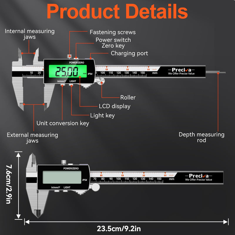 Preciva Backlight Digital Caliper,6inch IP54 Waterproof Rechargeable Electronic Micrometer with LCD Screen, Measurement Conversions for in/MM/F Precision Tool for DIY and Professional Use（Black）