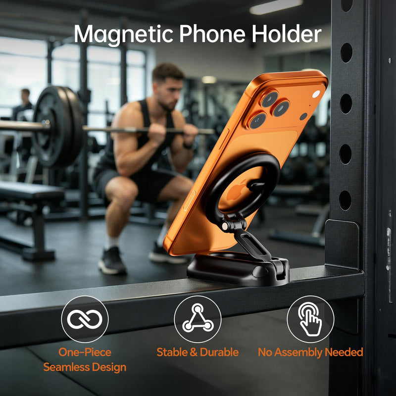 Magnetic Phone Holder for Gym, Zinc Alloy N52 Magnet, Gym Phone Holder for Watch & Record Workouts, Ultra Slim Foldable Design, Black, Compatible MagSafe iPhone 17-12, Magnetic Mount, Car Golf Cart