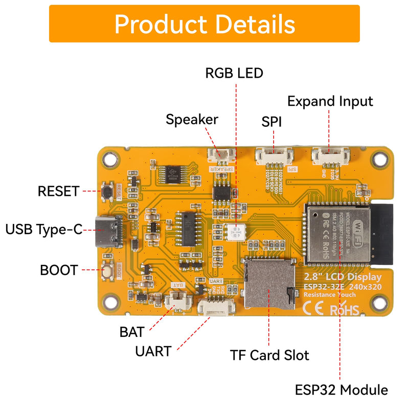 2.8" inch ESP32 Display, ESP32-32E WiFi+BT Dual-core TFT Module with Acrylic Case, ESP32 Development Board ILI9341 Driver 240X320 Smart LCD Display Screen for IoT Projects