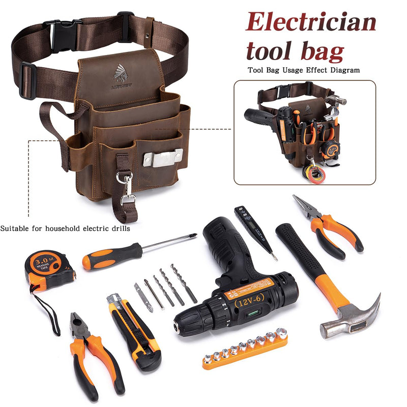 Genuine Leather Electrician Tool Pouch and Belt, Adjustable Leather Tool Belt with Multi-Pockets for Electricians, Brown Small