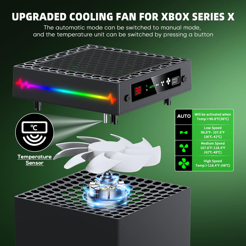 Auto Cooling Fan for Xbox Series X with LED Temperature Display&9 RGB Light | Smart Thermally-Adjustable Cooling System for Xbox Series X, 9 Lighting Modes, Cooler&Light Switch, Headset Hook, USB Port