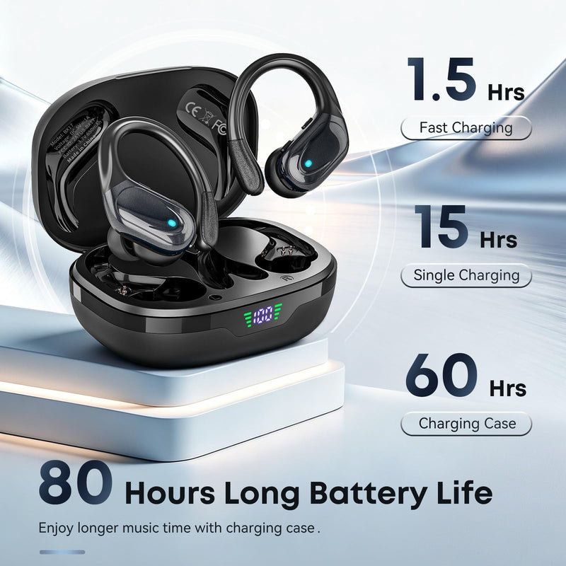 HAOYUYAN Wireless Earbuds, Sports Bluetooth Headphones, Noise Canceling Ear Buds with 80hr Playtime, LED Power Display, IPX7 Waterproof Earphones for Gym/Workout Black