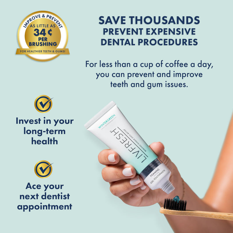 LIVFRESH Toothpaste Gel, Clinically Proven to Remove Plaque 250% Better, Improves Gum Health 190% Better, Prevents & Reduces Tartar, Freshens Breath, SLS Free Dental Gel, Wintergreen, 3 Pack Wintergreen, Foaming, Whitening 1.75 Ounce (Pack of 3)