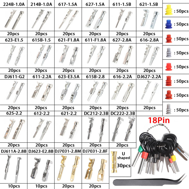 Connector Pins Kit Crimped Terminal Pin Automotive Car Electrical 1/1.5/1.8/2.2/2.3/2.5/2.8/3.5mm Male&Female Wire Seals Removal Tool kit Motorcycle ATV Wire Non-Insulated Plug Crimp Set 950pcs