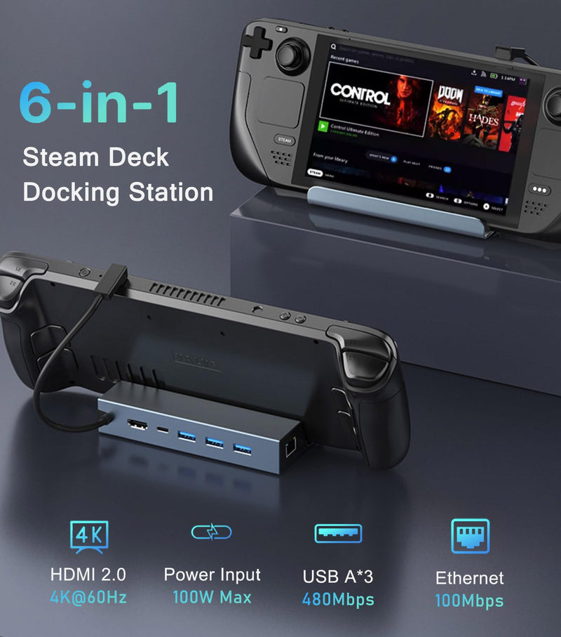 Steam Deck Dock, Docking Station for Steam Deck/ROG Ally/Legion Go/MSI Claw/Nitro Deck/Steam Deck OLED, 6-in-1 USB C Dock with HDMI 4K UHD, 100Mbps RJ45 Ethernet, 3 USB 2.0 and PD 100W Charging